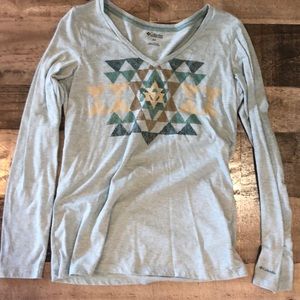 It’s a small, blue, Columbia shirt.